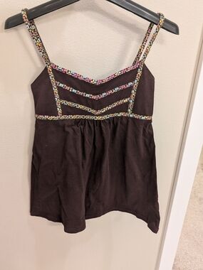 Brown Floral-Trim Cotton Camisole